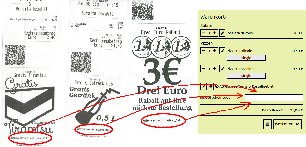 Beispiel für Gutscheincodes auf Rechnungszetteln von Il Pendolino in Wien Pernersdorfergasse 88/1 – drei Rechnungen mit individuellen Gutscheincodes, die im Online-Warenkorb des Restaurants eingegeben werden können.