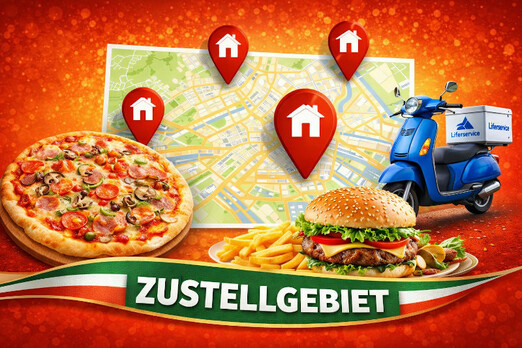 Pizza, Burger und Lieferservice Roller vor einer Karte mit markierten Zustellgebieten dargestellt